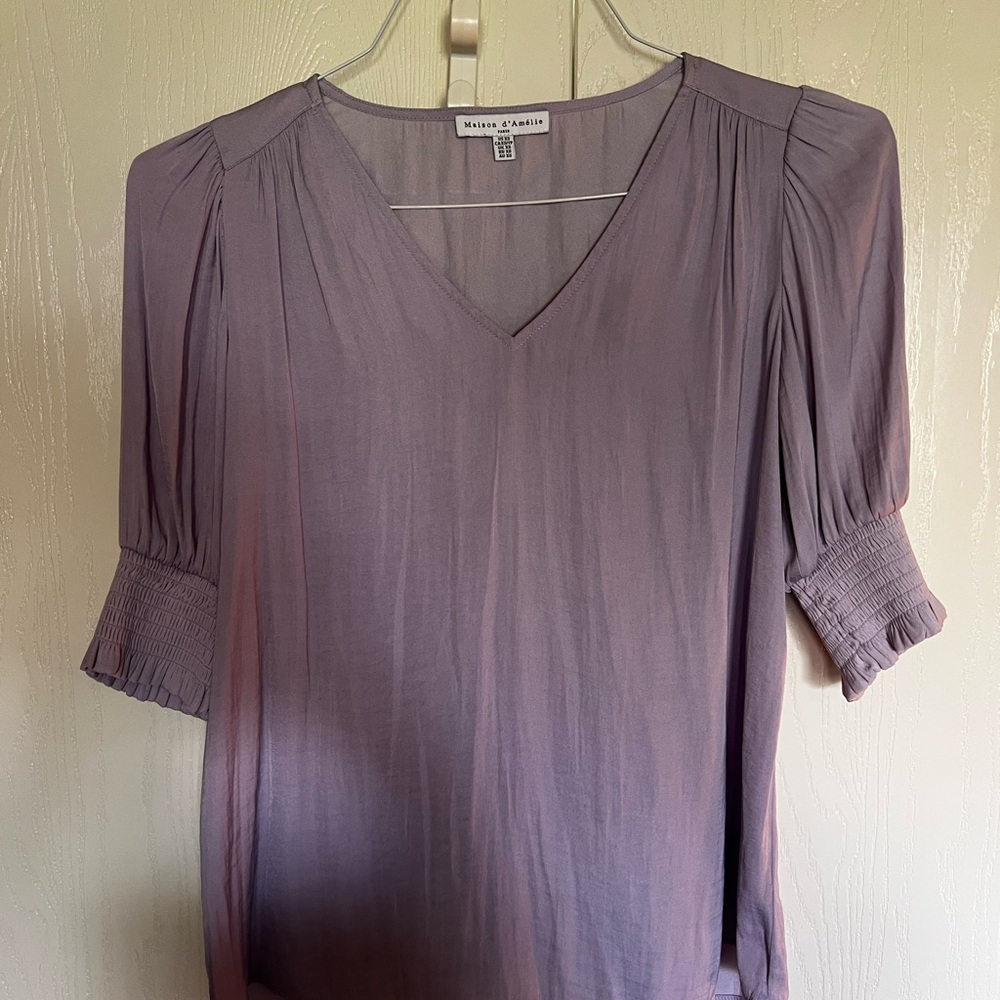 White + Warren Purple Pleated 3/4 Sleeve Blouse